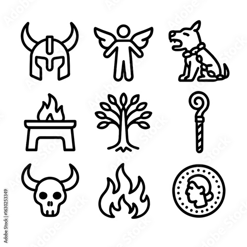 Mythological Icons Set. Outline icon set of mythological sacrifice: horned helmet, winged figure, chained beast, sacrificial altar