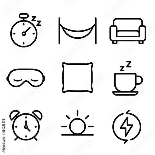 Napping Icons Collection. Outline icon set of napping: power nap timer, hammock silhouette, couch outline, sleep mask, pillow icon
