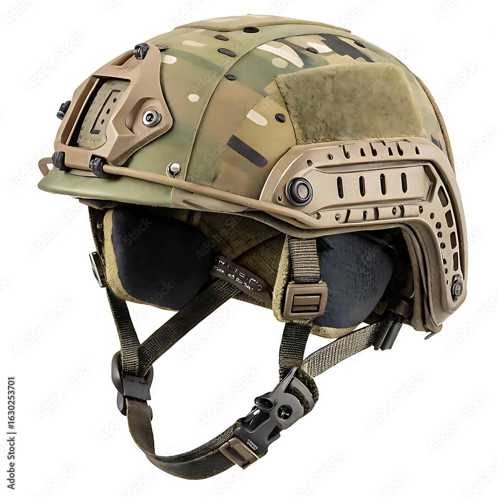 Fototapeta premium Modern tactical combat helmet with camouflage pattern isolated on white background