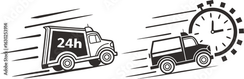 Vector art of an illustration showing two delivery trucks with a stopwatch to represent fast twenty four hour shipping service