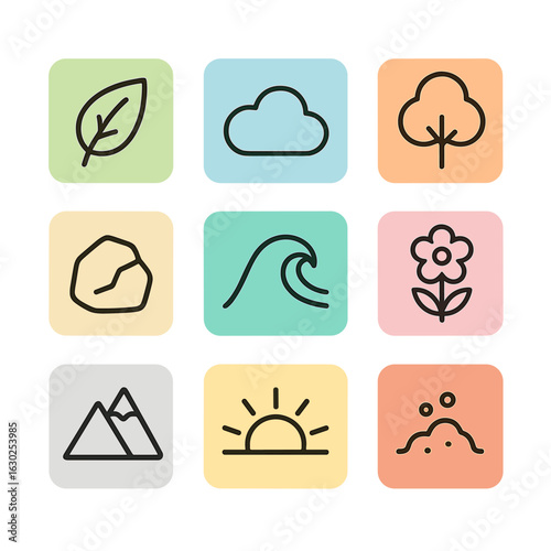 Natural Color Icon Set. Outline icon set of natural colors: leaf green, sky blue, earth brown, sunset orange, ocean teal, flower