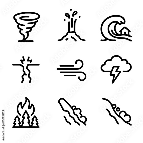 Natural Forces Icons. Outline icon set of untamed forces: swirling tornado, erupting geyser, crashing tsunami, erupting volcano,