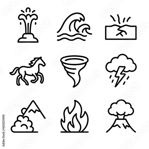 Natural Forces Icons. Outline icon set of natural raw power: erupting geyser, crashing waves, shaking earth, wild horse, tornado