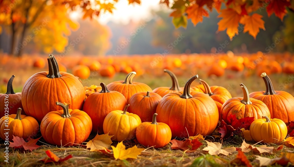 Naklejka premium Orange Pumpkins with Autumn Leaves in Field Background