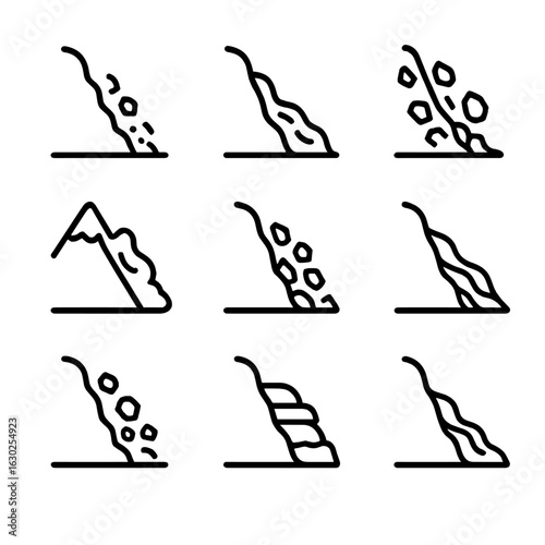 Natural Slide Icons. Outline icon set of natural slides: landslide, mudslide, rockslide, avalanche, debris slide, sand slide, soil