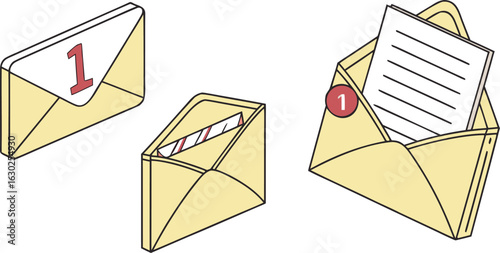 Vector art of three envelopes with different states of opening showcasing mail delivery and communication in a simple illustration