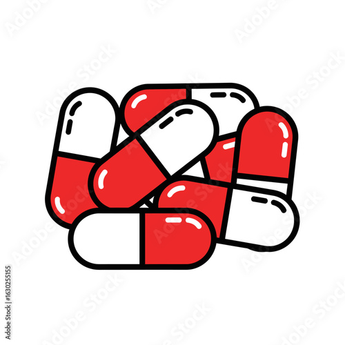 Red and white medicine capsules in a pile, illustrated in a simple line art icon style. Isolated vector for healthcare and pharmacy.