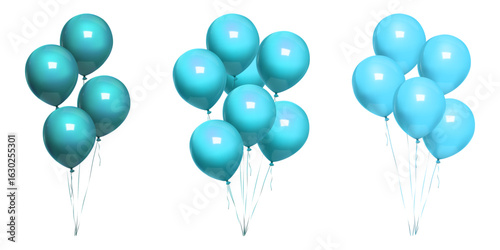 Balloon colored bunch float, 3d blue birthday gift mockup. String bound realistic vector element for invitation, round party icon set. Set of valentive celebrate carnival icons, bday helium ball set