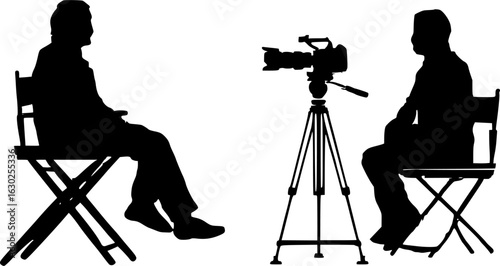 Cameraman is recording an interview with a businessman sitting on a director chair