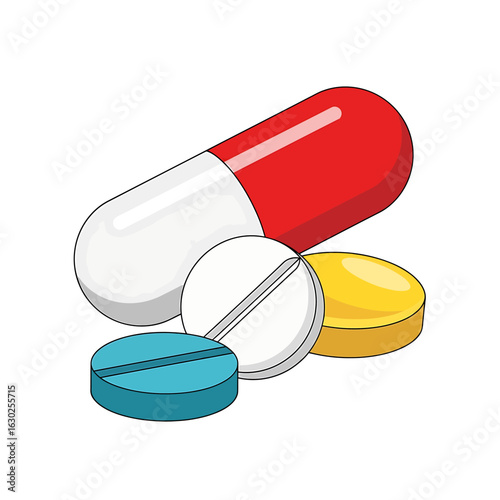 A colorful assortment of medical pills, tablets, and capsules. Vector illustration representing pharmaceuticals, healthcare, and treatment for various ailments.