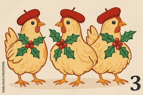 Three French hens. The twelve days of Christmas. English Christmas carol. Third day. Vector isolated illustration