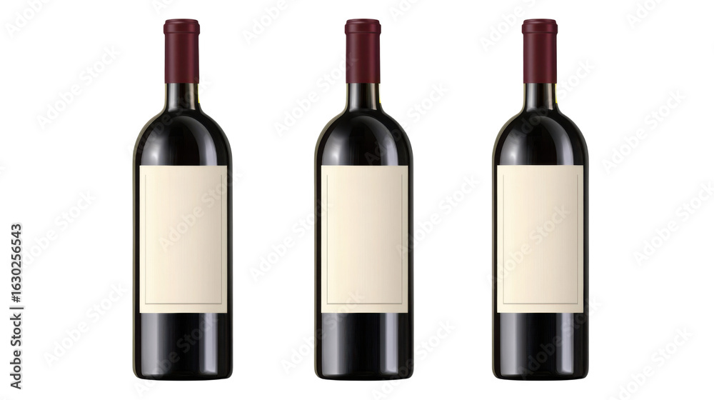 Fototapeta premium Set of three elegant wine bottles featuring blank labels isolated on white background