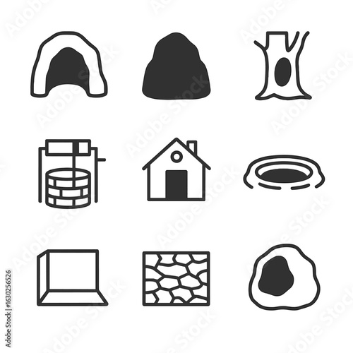 Natural Voids Icons. Outline icon set of natural voids and emptiness: cave entrance, black cave, hollow tree, empty well,