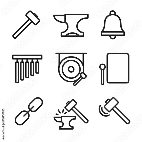 Nature Clang Icon Set. Outline icon set of clang in nature: hammer, anvil, bell, chime, gong, metal, chain, hammer strike,