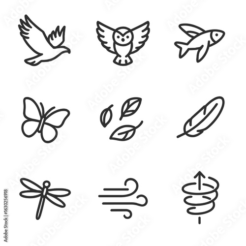 Nature Glide Icons. Outline icon set of glide nature elements: soaring eagle, gliding owl, flying fish, butterfly flight, leaves