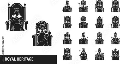 Elegant queen icons on thrones for regal designs and branding
