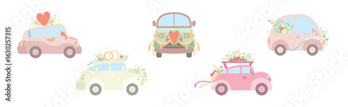Wedding Car Transport with Flower Bouquet, Ribbon and Heart Vector Set