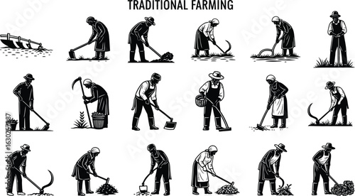 Traditional farmers cultivating land using vintage tools