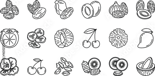 Collection of hand drawn dried fruits, perfect for a healthy and delicious snack, ideal for vegan and vegetarian diets with a variety of options and nutrients