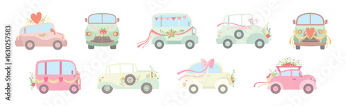 Wedding Car Transport with Flower Bouquet, Ribbon and Heart Vector Set