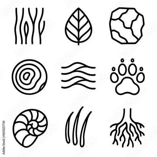 Nature Groove Icons. Outline icon set of groove in nature and texture: tree bark groove, leaf vein groove, rock groove, water
