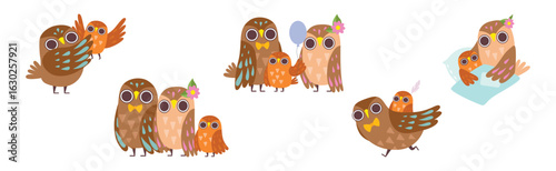 Happy Owl Family with Father, Mother and Baby Vector Set