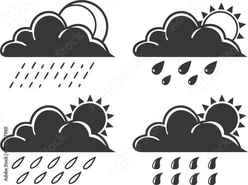 Vector art of collection of weather icons featuring clouds sun and rain perfect for illustrating weather forecasts and climate conditions