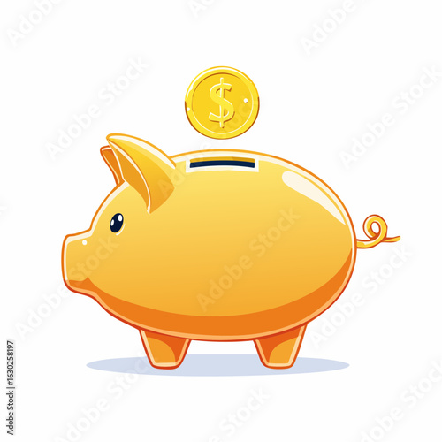 vector illustration of a piggy bank with a coin dropping into its slot, yellow pig design, savings icon in flat svg style