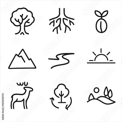 Nature Legacy Icons. Outline icon set of legacy in nature: ancient tree, roots, seed, mountain, river, sunrise, wildlife,