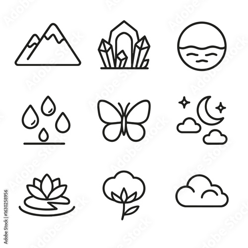 Nature Purity Icon Set. Outline icon set of purity in nature: snow mountain, crystal cave, clear lake, morning dew, white