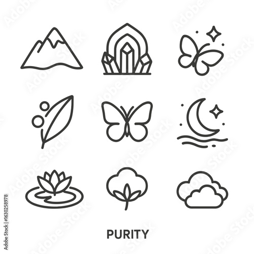 Nature Purity Icon Set. Outline icon set of purity in nature: snow mountain, crystal cave, clear lake, morning dew, white