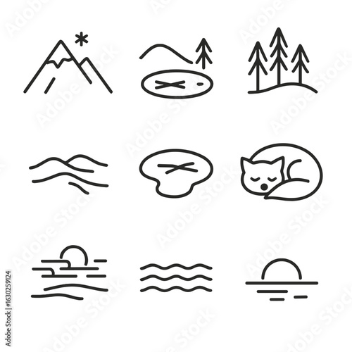 Nature Silence Icons. Outline icon set of nature silence: snowy mountain, still lake, quiet forest, desert dunes, frozen pond,