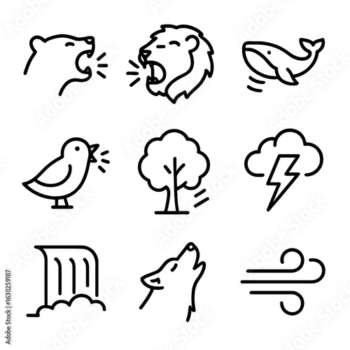 Nature Sounds Icon Set. Outline icon set of shout in nature: animal roar, lion's roar, whale call, bird call, tree rustling, storm