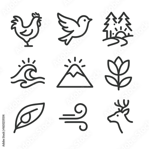 Nature Wake-Up Icons. Outline icon set of nature wake-up themes: rooster crowing silhouette, bird fluttering outline, forest path
