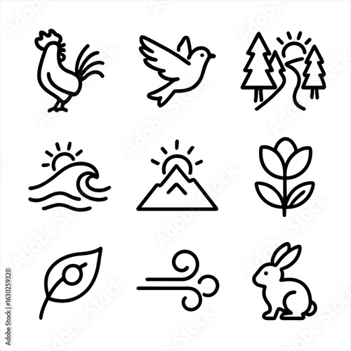 Nature Wake-Up Icons. Outline icon set of nature wake-up themes: rooster crowing silhouette, bird fluttering outline, forest path