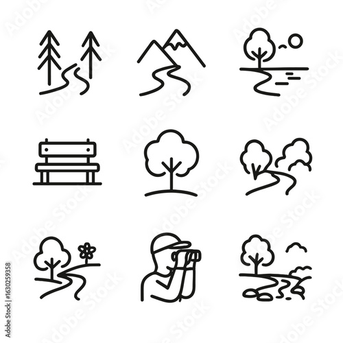 Nature Walk Icon Set. Outline icon set of nature walks: forest trail, mountain path, lakeside walk, park bench, tree canopy, dirt