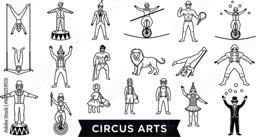 Explore vintage circus performers and animal acts line art