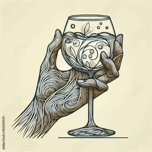 Artistic illustration of a textured hand holding a glass with swirling liquid, vintage style
