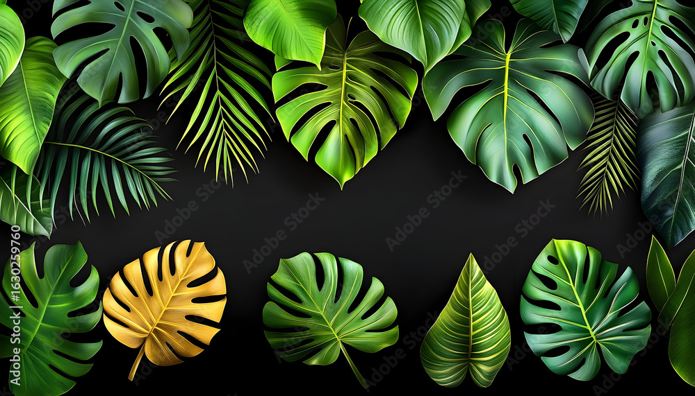 Naklejka premium Lush Tropical Foliage with Golden Leaf on Black Background, Arti