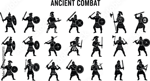 Powerful ancient warriors ready for battle in striking silhouette