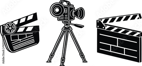 Vector art of film production equipment including a camera on a tripod and two clapperboards for filmmaking