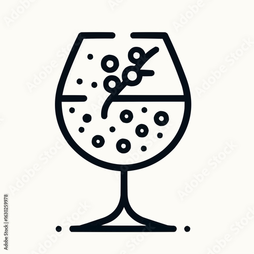 Minimalist illustration of a cocktail glass with bubbles and berries
