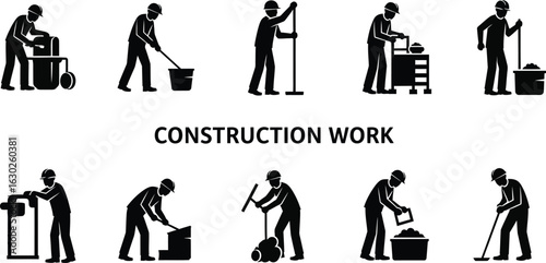 Construction workers silhouettes doing various manual labor tasks