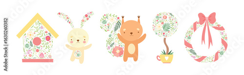 Animal with Floral Ornament as Spring Season Vector Set