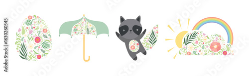 Animal with Floral Ornament as Spring Season Vector Set