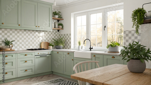 Charming sage green kitchen with farmhouse sink and natural light