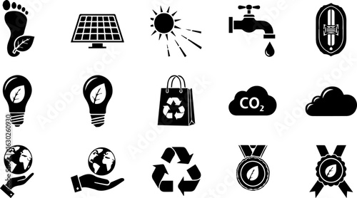 Ecological and sustainable icons set in black and white