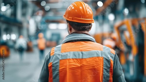 Worker in Safety Gear Observing Warehouse Operations with Equipment and Forklift in Background