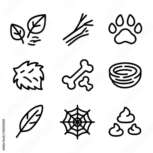 Nature's Remains Icons. Outline icon set of remains in nature: fallen leaves, broken twigs, animal tracks, fur patch, bones, nests