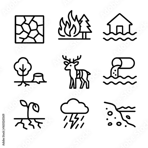 Nature's Suffering Icons. Outline icon set of suffering in nature: drought, wildfire, flood, deforestation, animal injury,